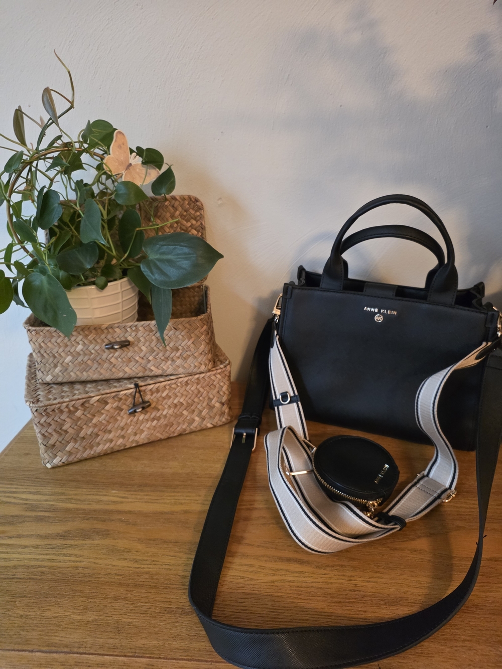 Anne Klein Large Tote- Black Structured Satchel with Striped Strap